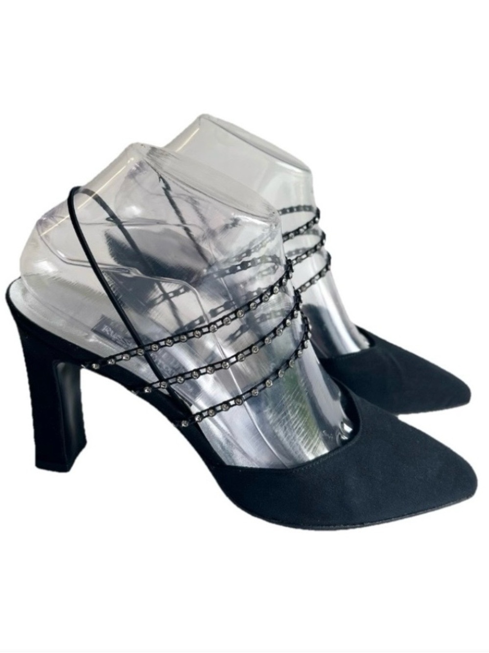 Stuart Weitzman Black Satin Glitter Stone Heels size 7.5. Heel 3.5”, rubb